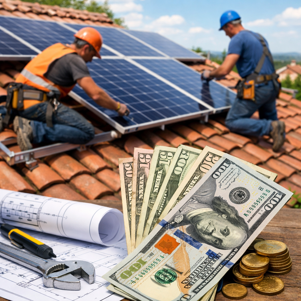 Workers installing solar panels on roof with money, blueprints, and tools in foreground